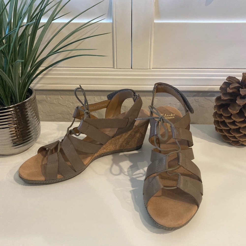 CLARKS Comfort Sandals. Size 12. Taupe; Velcro closure on back; worn once. 🌸